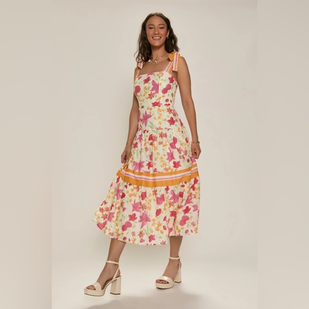 Francesca's Collections Pink and Orange Floral Midi Dress